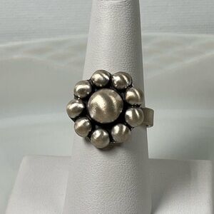 925 Solid Sterling Silver Brushed Matte Flower Bead Ball Adjustable Ring